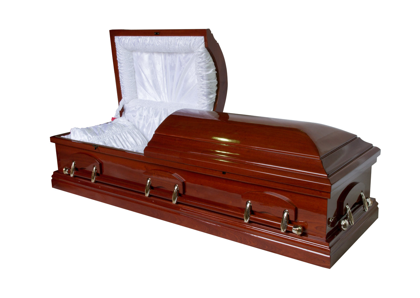 Rochester oak veneer casket – Open split-lid American-style casket with white taffeta interior and matching pillow, swing-bar handles, and piano-gloss mahogany-coloured finish.