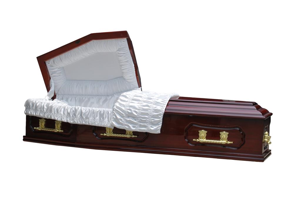 Laval poplar veneer coffin – Open split-lid coffin with white satin fabric interior, gold-coloured swing handles, and a high-gloss mahogany-coloured finish.