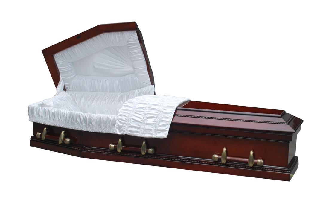 Winthrop poplar veneer coffin – Open split-lid coffin with white satin interior and matching pillow, swing-bar handles, and high-gloss red cherry finish.