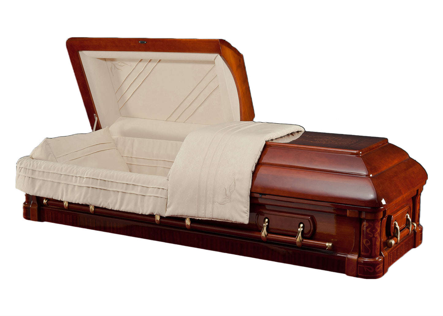 Emory solid poplar casket – Open split-lid American-style casket with a beige velvet interior and matching pillow, swing-bar handles, and floral motifs on a piano-gloss red-mahogany finish.