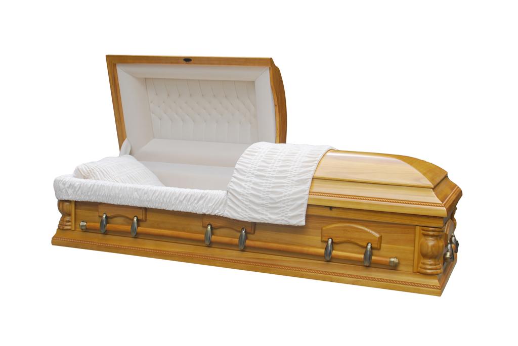 Lafayette solid poplar casket – Open split-lid American-style casket with a tufted head panel, almond velvet interior and matching pillow, swing-bar handles, and satin finish in a natural light colour.