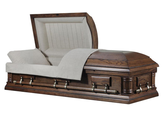 Split-lid American-style wood casket, with swing-bar handles and a linen fabric interior. Finish is matte, with a dark brown oak colour.