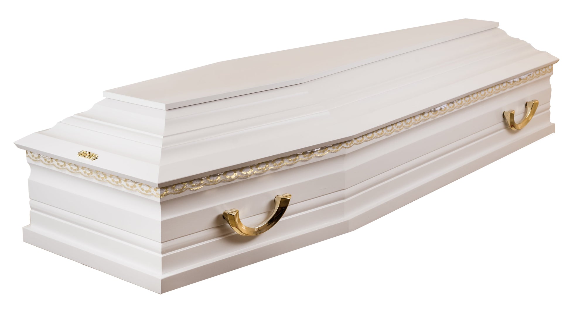 solid poplar raised lid coffin with matte white finish and gold toned plastic handles, gold toned lid-mounted escutcheons, and gold toned lace embroidery