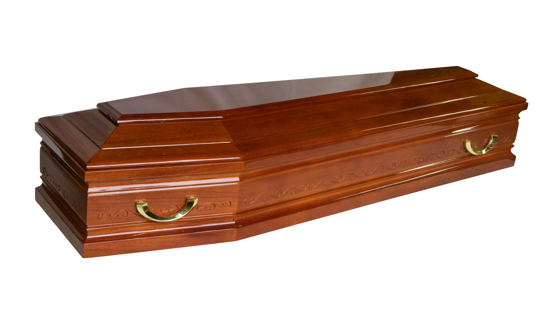 solid poplar raised lid coffin with a piano-gloss wood finish, gold toned plastic handles, and a carved swirl design along the sides