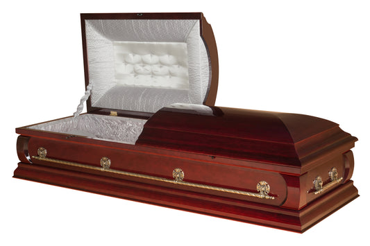 Solid poplar half-couch casket with a piano-gloss cherry finish, four swing-bar handles (metal), and a white taffeta interior with matching pillow