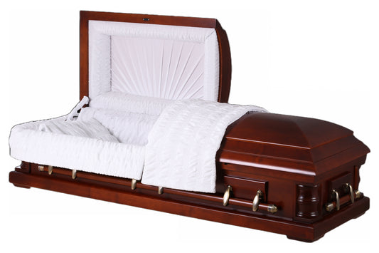 Solid poplar half-couch casket with a medium-gloss mahogany finish, four swing-bar handles (wood and silver-toned metal), and a white velvet interior with matching pillow