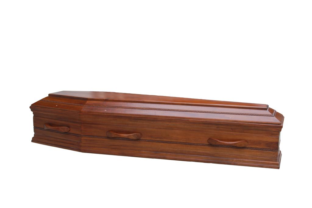 Wood coffin with wooden bail handles. Finish is matte, with a light brown colour. 